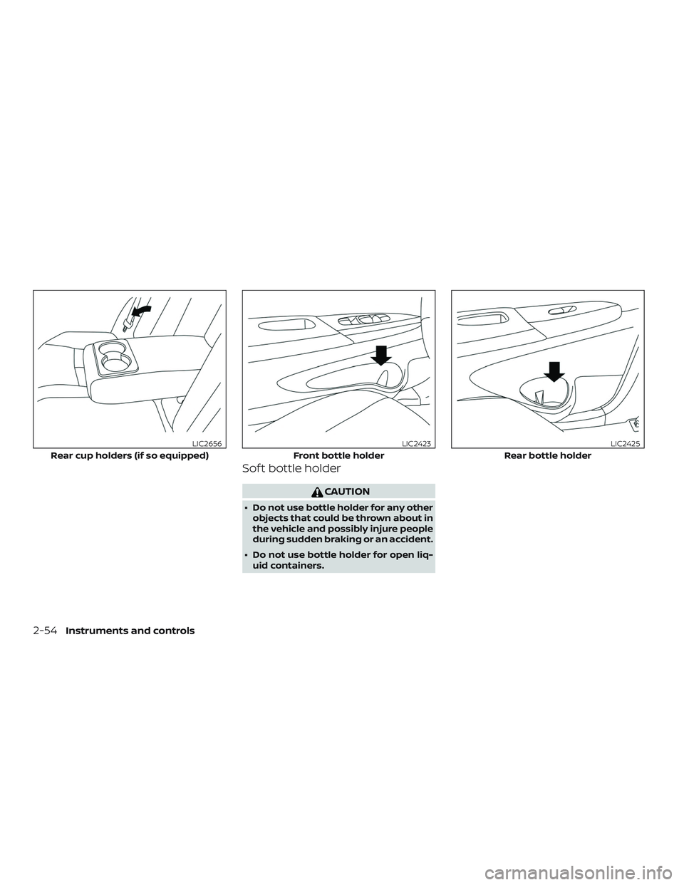 NISSAN SENTRA 2019  Owner´s Manual Sof t bottle holder
CAUTION
∙ Do not use bottle holder for any otherobjects that could be thrown about in
the vehicle and possibly injure people
during sudden braking or an accident.
∙ Do not use 