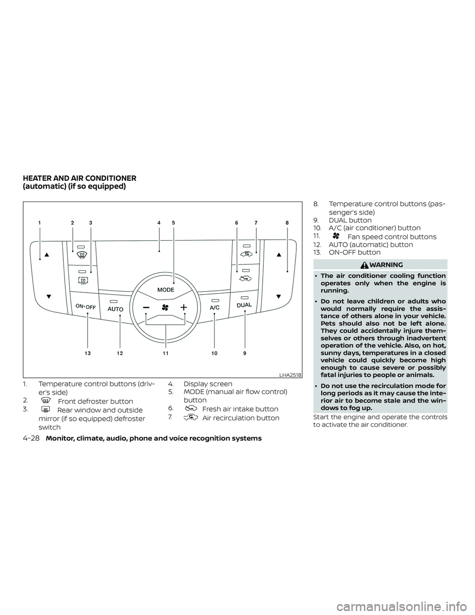 NISSAN SENTRA 2019  Owner´s Manual 1. Temperature control buttons (driv-er’s side)
2.
Front defroster button
3.
Rear window and outside
mirror (if so equipped) defroster
switch 4. Display screen
5. MODE (manual air flow control)
butt