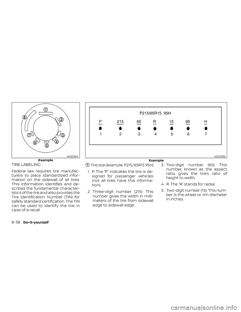 NISSAN SENTRA 2019  Owner´s Manual TIRE LABELING
Federal law requires tire manufac-
turers to place standardized infor-
mation on the sidewall of all tires.
This information identifies and de-
scribes the fundamental character-
istics 