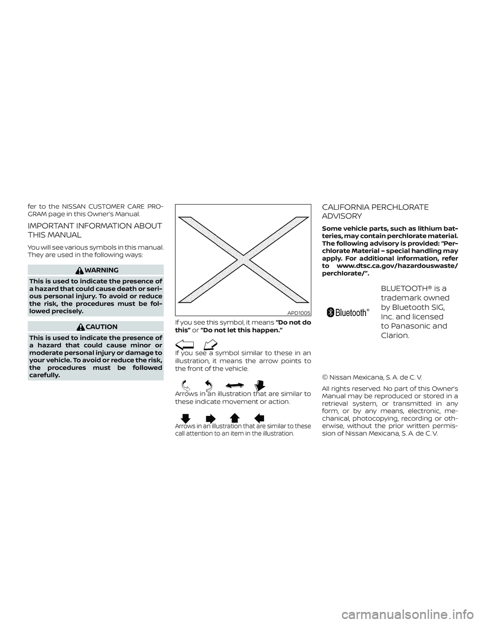 NISSAN VERSA NOTE 2020  Owner´s Manual fer to the NISSAN CUSTOMER CARE PRO-
GRAM page in this Owner’s Manual.
IMPORTANT INFORMATION ABOUT
THIS MANUAL
You will see various symbols in this manual.
They are used in the following ways:
WARNI