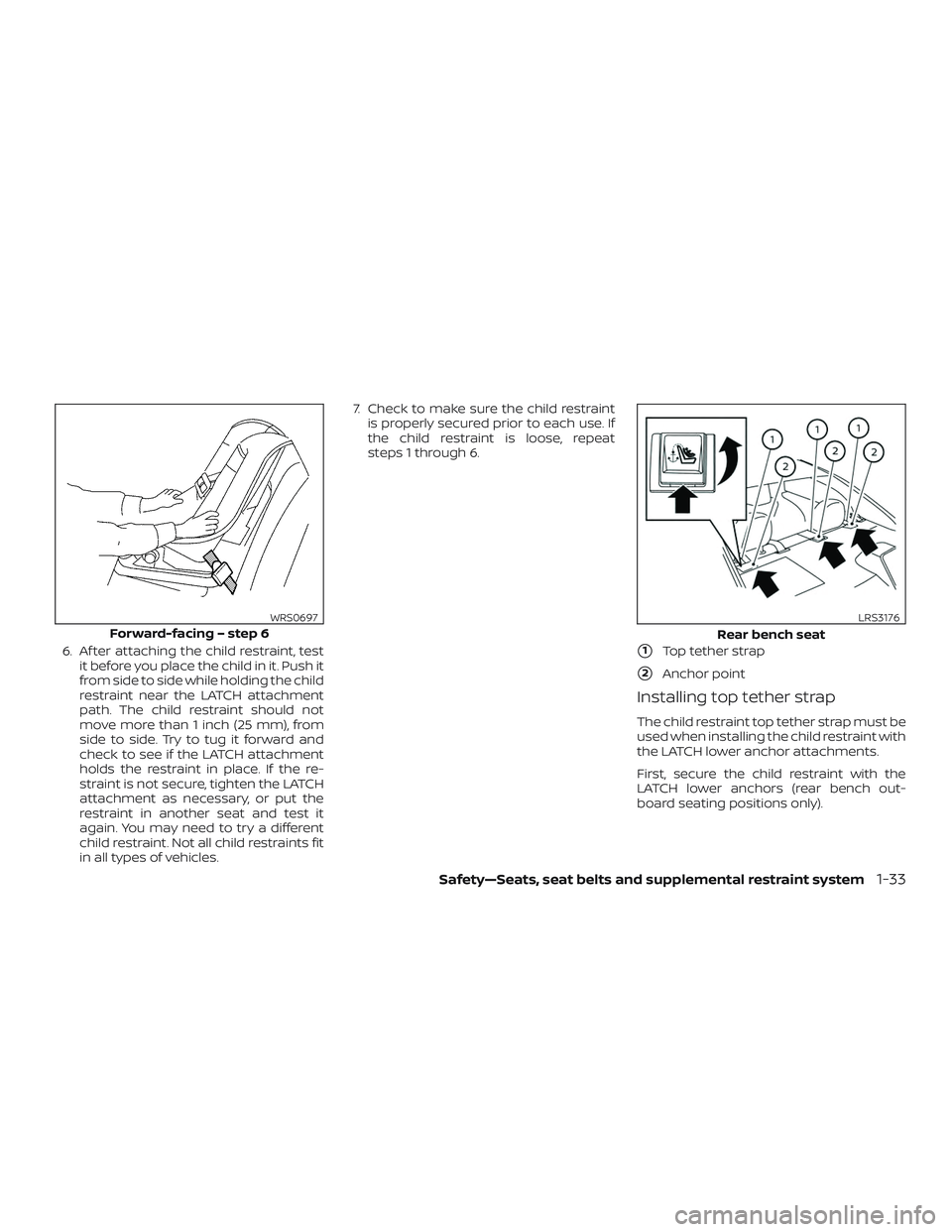 NISSAN VERSA NOTE 2020  Owner´s Manual 6. Af ter attaching the child restraint, testit before you place the child in it. Push it
from side to side while holding the child
restraint near the LATCH attachment
path. The child restraint should