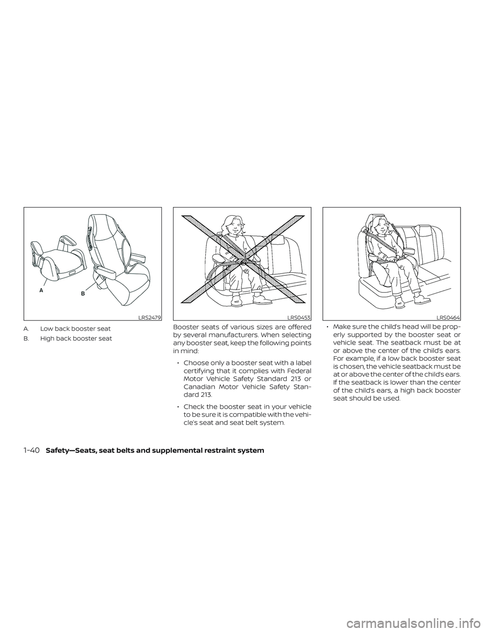 NISSAN VERSA NOTE 2020  Owner´s Manual A. Low back booster seat
B. High back booster seatBooster seats of various sizes are offered
by several manufacturers. When selecting
any booster seat, keep the following points
in mind:∙ Choose onl