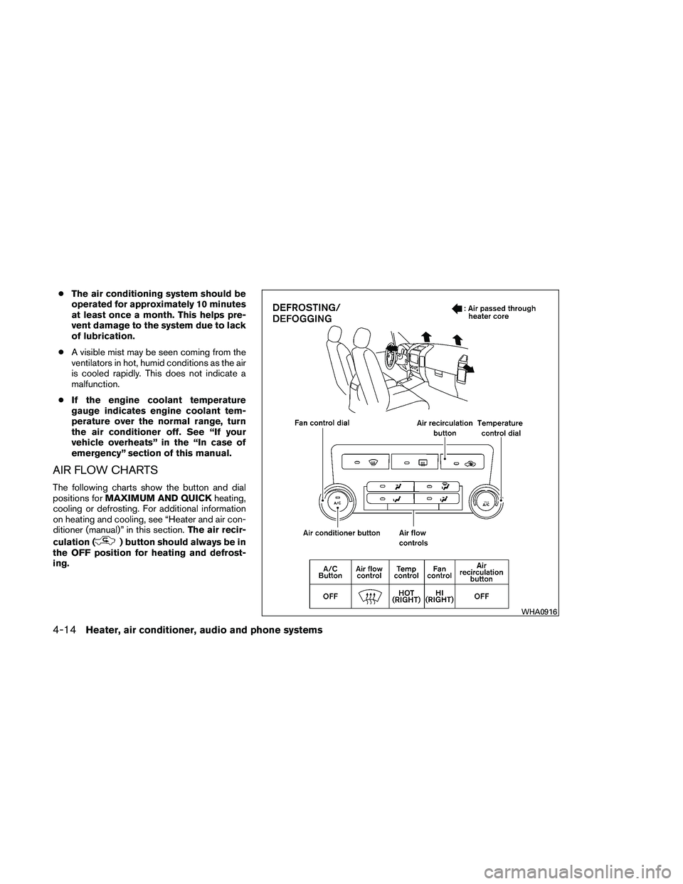 NISSAN FRONTIER 2011  Owner´s Manual ●The air conditioning system should be
operated for approximately 10 minutes
at least once a month. This helps pre-
vent damage to the system due to lack
of lubrication.
● A visible mist may be se