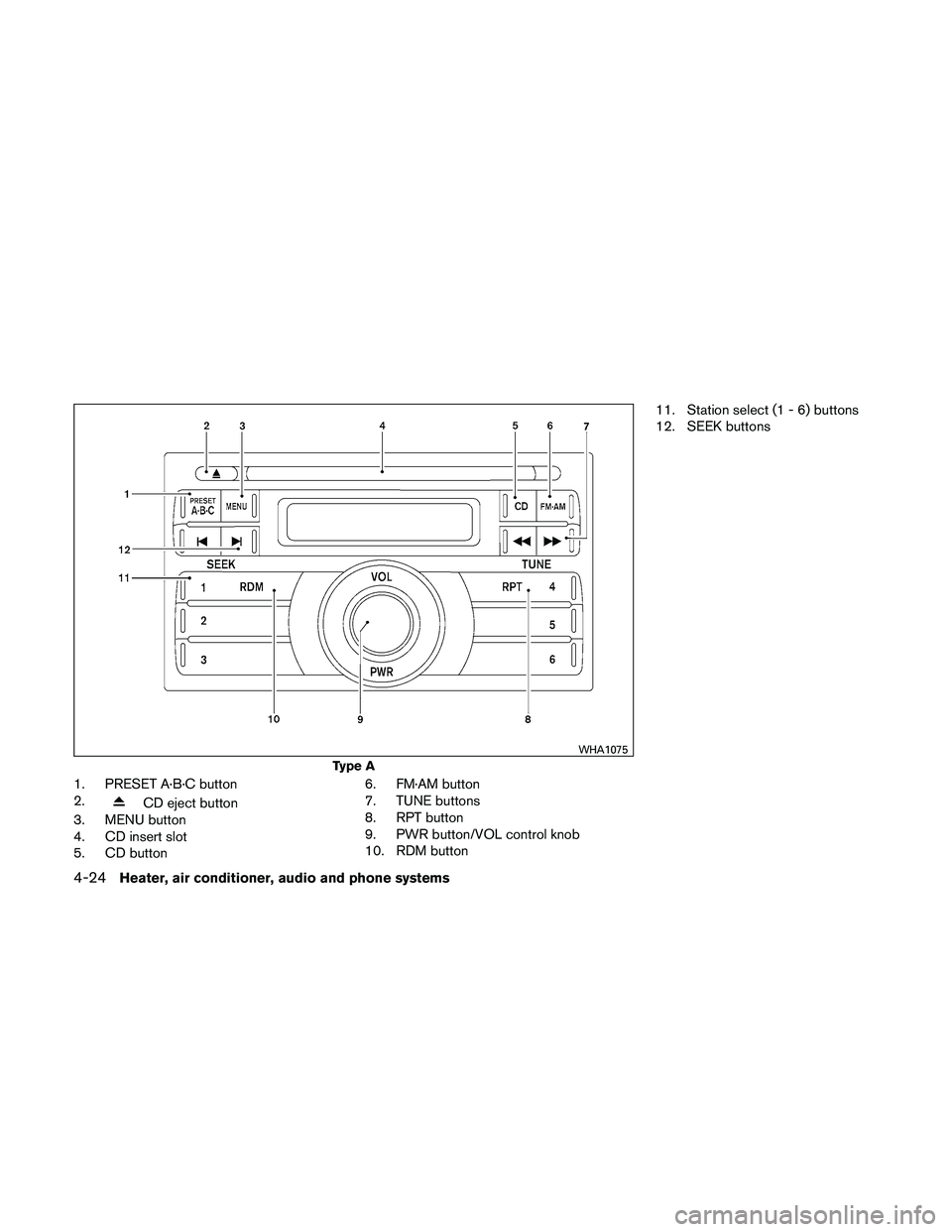 NISSAN FRONTIER 2011  Owner´s Manual 1. PRESET A·B·C button
2.
CD eject button
3. MENU button
4. CD insert slot
5. CD button 6. FM·AM button
7. TUNE buttons
8. RPT button
9. PWR button/VOL control knob
10. RDM button11. Station select