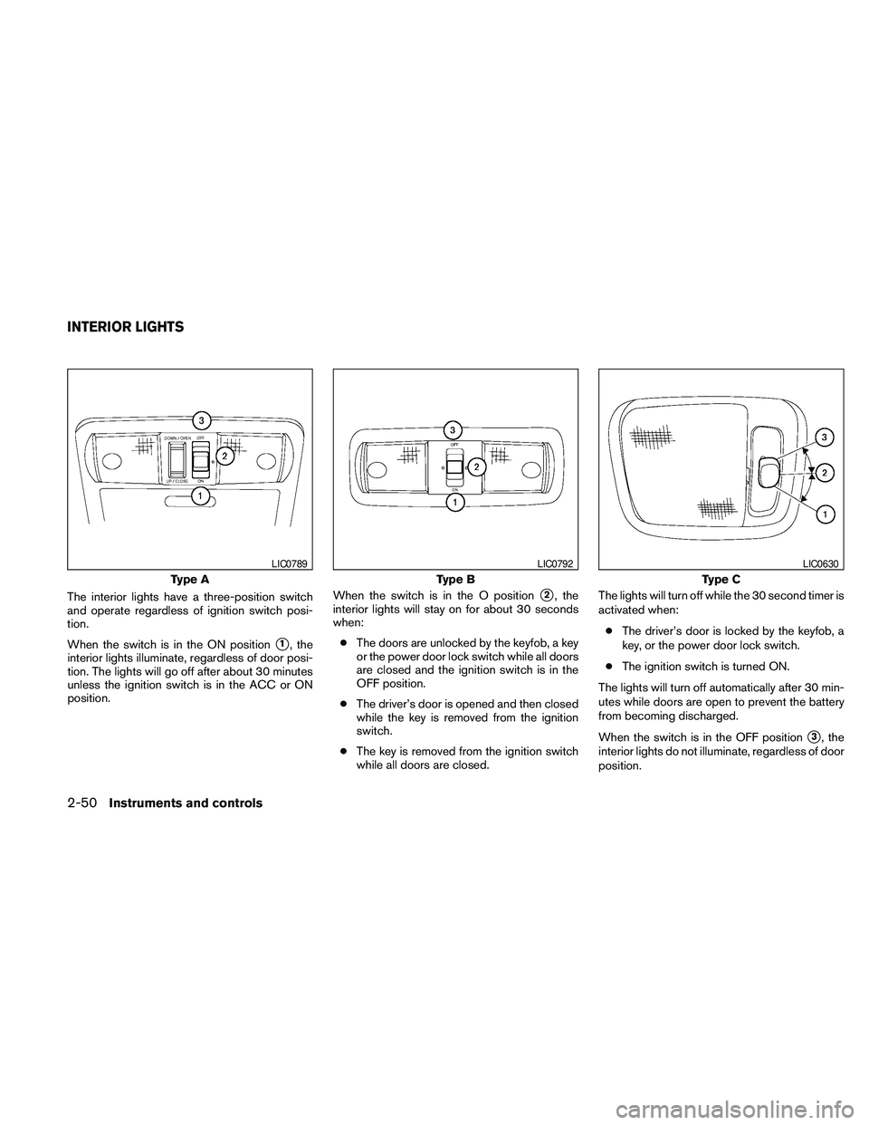 NISSAN FRONTIER 2010 Owner´s Manual The interior lights have a three-position switch
and operate regardless of ignition switch posi-
tion.
When the switch is in the ON position
s1, the
interior lights illuminate, regardless of door posi NISSAN FRONTIER 2010 Owner´s Manual The interior lights have a three-position switch
and operate regardless of ignition switch posi-
tion.
When the switch is in the ON position
s1, the
interior lights illuminate, regardless of door posi