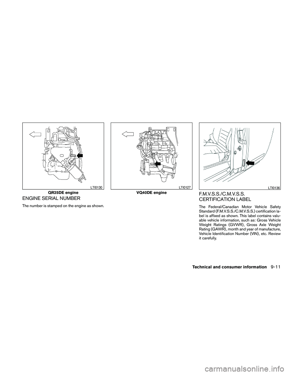 NISSAN FRONTIER 2010  Owner´s Manual ENGINE SERIAL NUMBER
The number is stamped on the engine as shown.
F.M.V.S.S./C.M.V.S.S.
CERTIFICATION LABEL
The Federal/Canadian Motor Vehicle Safety
Standard (F.M.V.S.S./C.M.V.S.S.) certification la