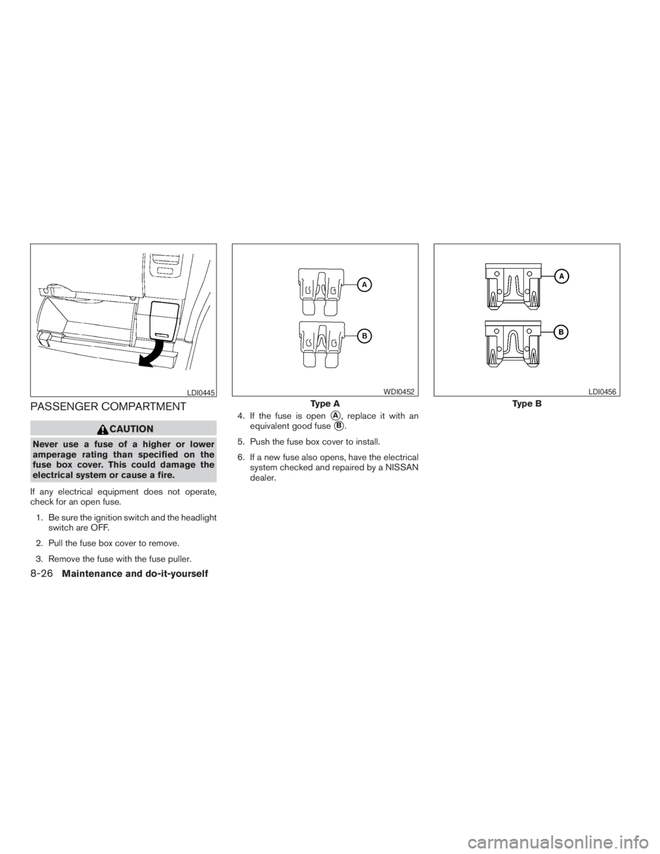 NISSAN FRONTIER 2009  Owner´s Manual PASSENGER COMPARTMENT
CAUTION
Never use a fuse of a higher or lower
amperage rating than specified on the
fuse box cover. This could damage the
electrical system or cause a fire.
If any electrical equ