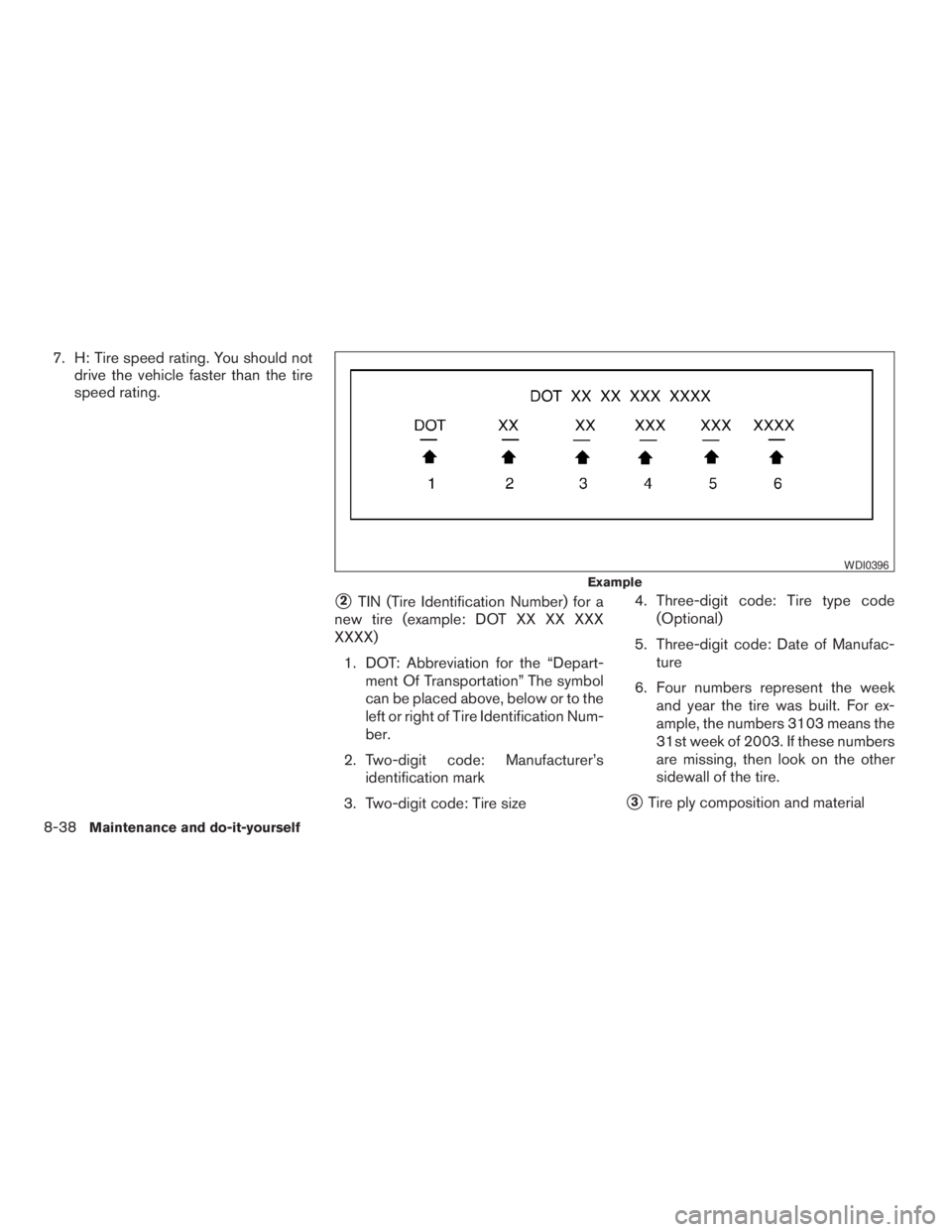 NISSAN FRONTIER 2009  Owner´s Manual 7. H: Tire speed rating. You should not
drive the vehicle faster than the tire
speed rating.
s2TIN (Tire Identification Number) for a
new tire (example: DOT XX XX XXX
XXXX)
1. DOT: Abbreviation for th