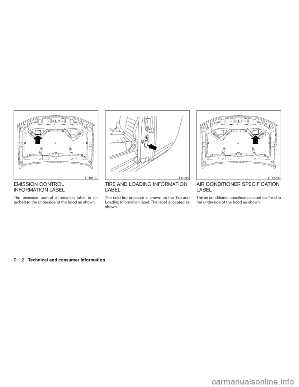 NISSAN FRONTIER 2009  Owner´s Manual EMISSION CONTROL
INFORMATION LABEL
The emission control information label is at-
tached to the underside of the hood as shown.
TIRE AND LOADING INFORMATION
LABEL
The cold tire pressure is shown on the
