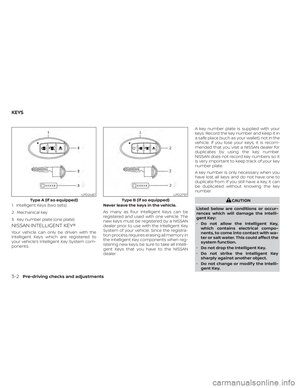 NISSAN KICKS 2020  Owner´s Manual NISSAN INTELLIGENT KEY®
Your vehicle can only be driven with the
Intelligent Keys which are registered to
your vehicle’s Intelligent Key System com-
ponents.Never leave the keys in the vehicle.
As 