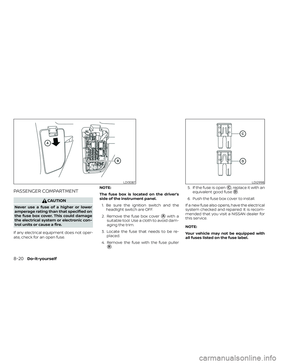 NISSAN KICKS 2019  Owner´s Manual PASSENGER COMPARTMENT
CAUTION
Never use a fuse of a higher or lower
amperage rating than that specified on
the fuse box cover. This could damage
the electrical system or electronic con-
trol units or 