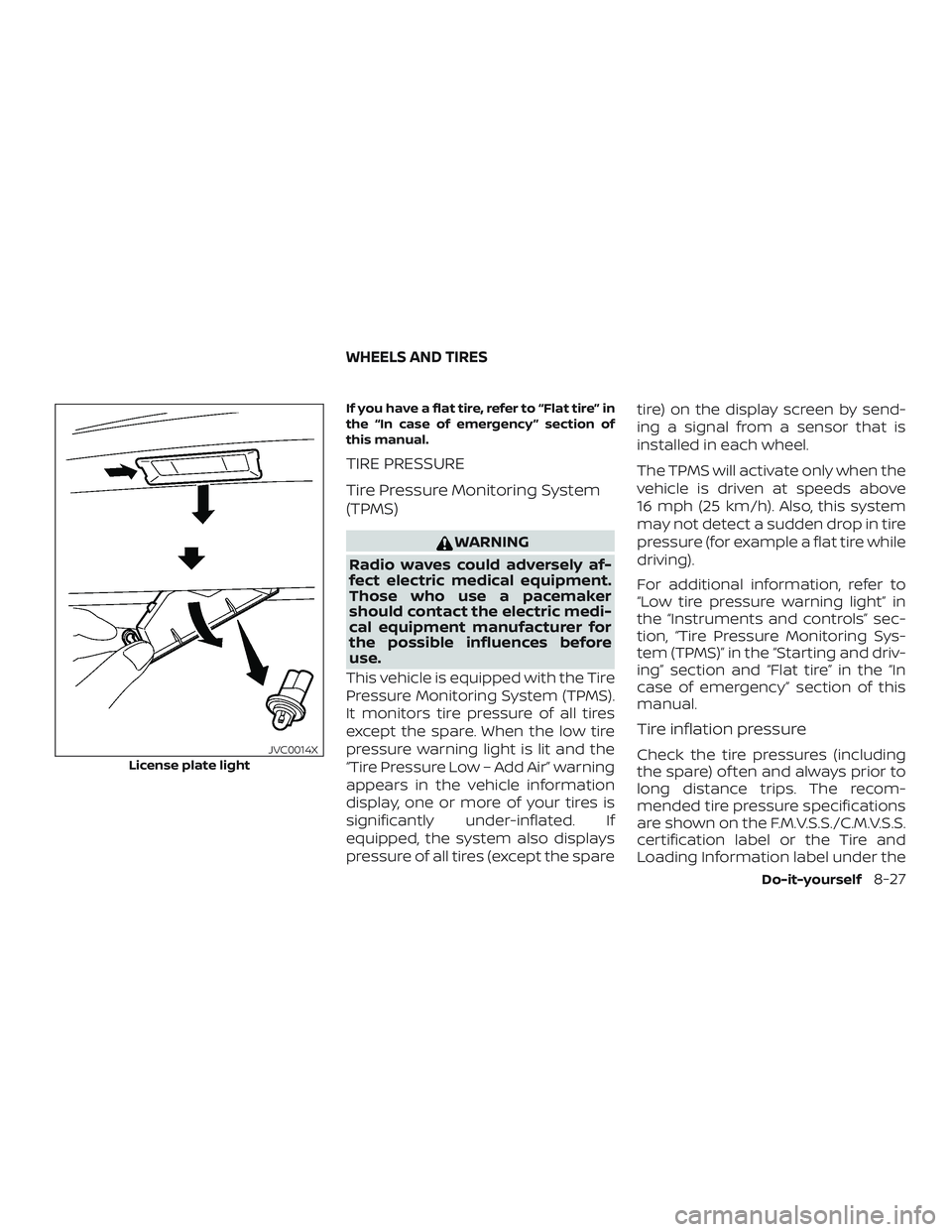 NISSAN KICKS 2019  Owner´s Manual If you have a flat tire, refer to “Flat tire” in
the “In case of emergency ” section of
this manual.
TIRE PRESSURE
Tire Pressure Monitoring System
(TPMS)
WARNING
Radio waves could adversely af