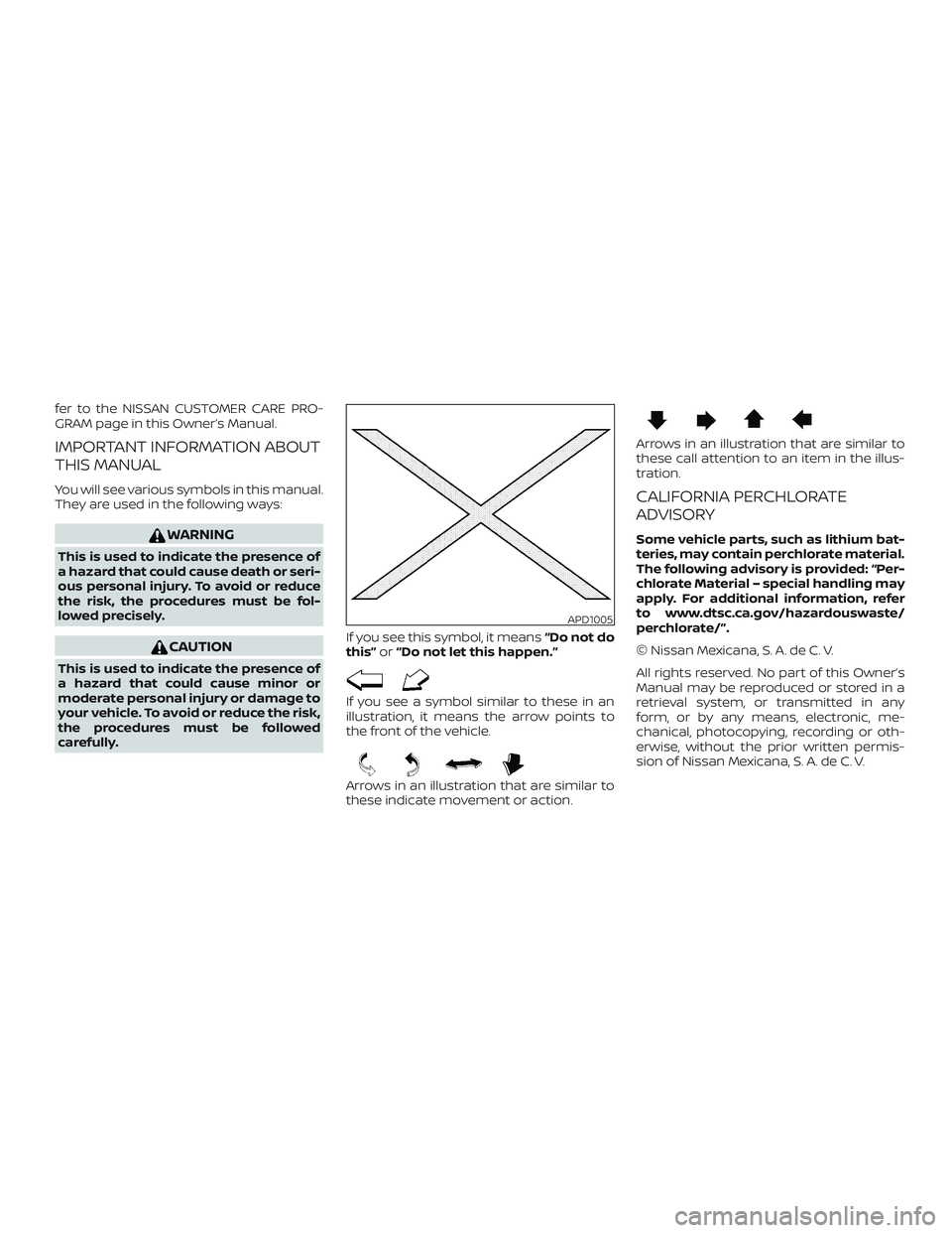NISSAN KICKS 2019 Owner´s Manual fer to the NISSAN CUSTOMER CARE PRO-
GRAM page in this Owner’s Manual.
IMPORTANT INFORMATION ABOUT
THIS MANUAL
You will see various symbols in this manual.
They are used in the following ways:
WARNI NISSAN KICKS 2019 Owner´s Manual fer to the NISSAN CUSTOMER CARE PRO-
GRAM page in this Owner’s Manual.
IMPORTANT INFORMATION ABOUT
THIS MANUAL
You will see various symbols in this manual.
They are used in the following ways:
WARNI