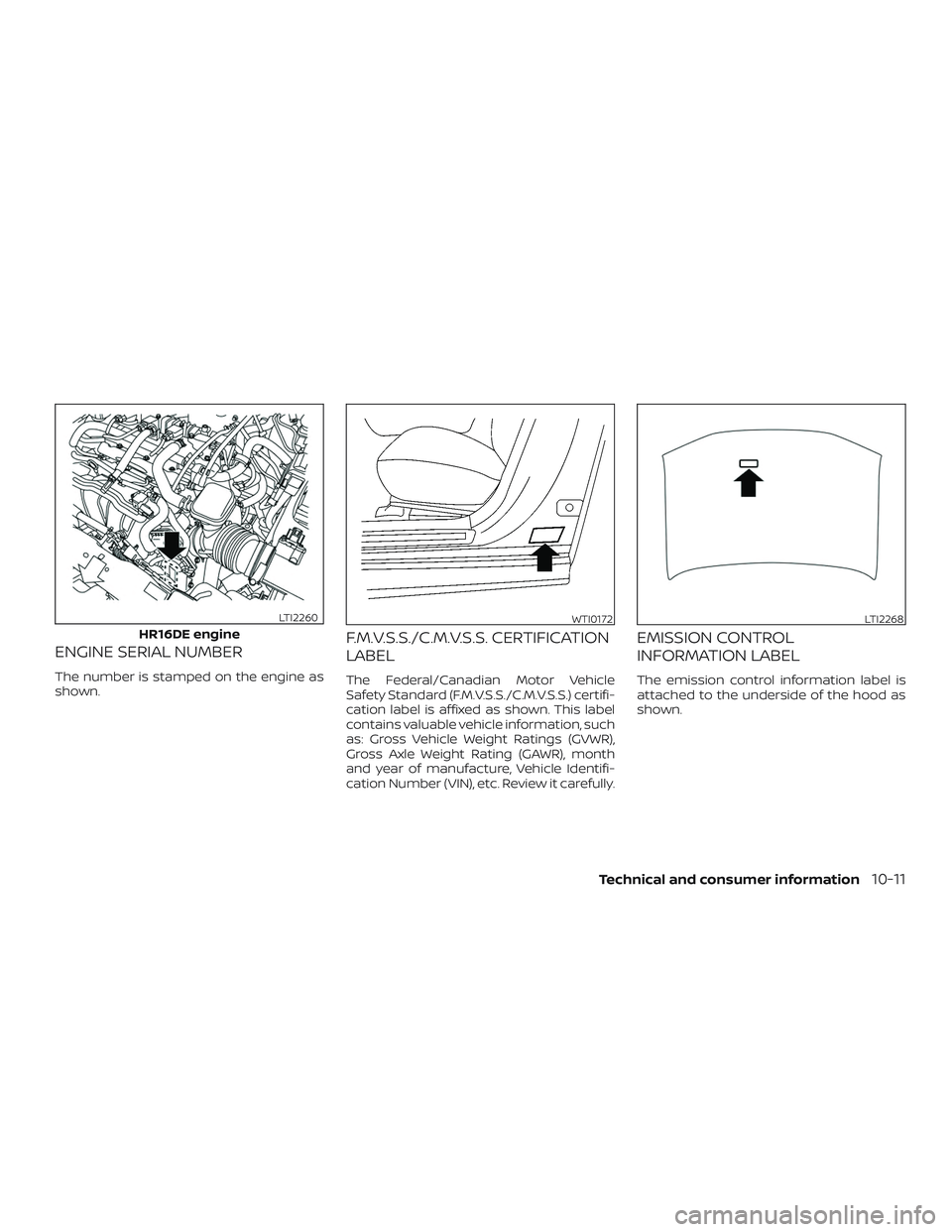 NISSAN KICKS 2019  Owner´s Manual ENGINE SERIAL NUMBER
The number is stamped on the engine as
shown.
F.M.V.S.S./C.M.V.S.S. CERTIFICATION
LABEL
The Federal/Canadian Motor Vehicle
Safety Standard (F.M.V.S.S./C.M.V.S.S.) certifi-
cation 