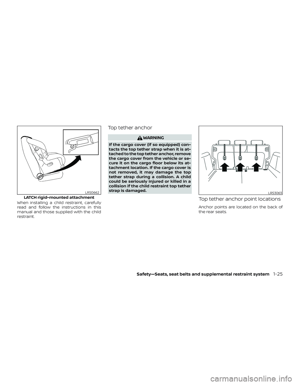 NISSAN KICKS 2019  Owner´s Manual When installing a child restraint, carefully
read and follow the instructions in this
manual and those supplied with the child
restraint.
Top tether anchor
WARNING
If the cargo cover (if so equipped) 
