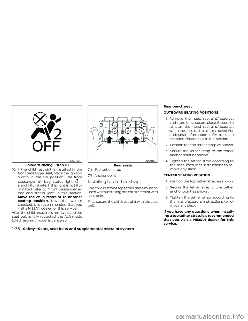 NISSAN KICKS 2019 Owner´s Manual 10. If the child restraint is installed in thefront passenger seat, place the ignition
switch in the ON position. The front
passenger air bag status light
should illuminate. If this light is not illu- NISSAN KICKS 2019 Owner´s Manual 10. If the child restraint is installed in thefront passenger seat, place the ignition
switch in the ON position. The front
passenger air bag status light
should illuminate. If this light is not illu-