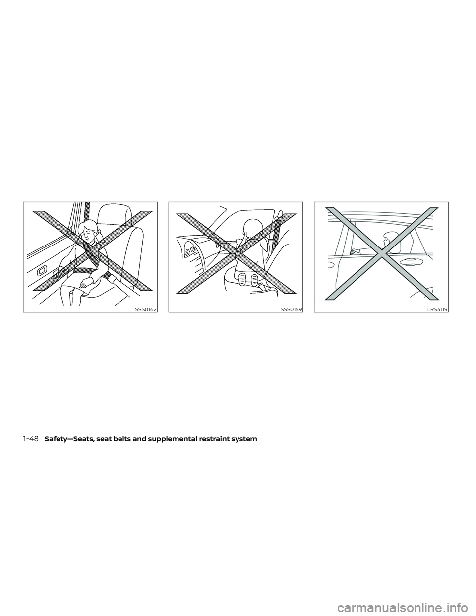 NISSAN KICKS 2019  Owner´s Manual SSS0162SSS0159LRS3119
1-48Safety—Seats, seat belts and supplemental restraint system 
