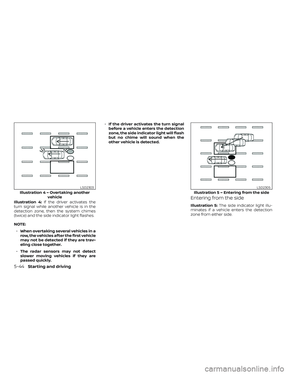 NISSAN MAXIMA 2020  Owner´s Manual Illustration 4:If the driver activates the
turn signal while another vehicle is in the
detection zone, then the system chimes
(twice) and the side indicator light flashes.
NOTE:
∙ When overtaking se