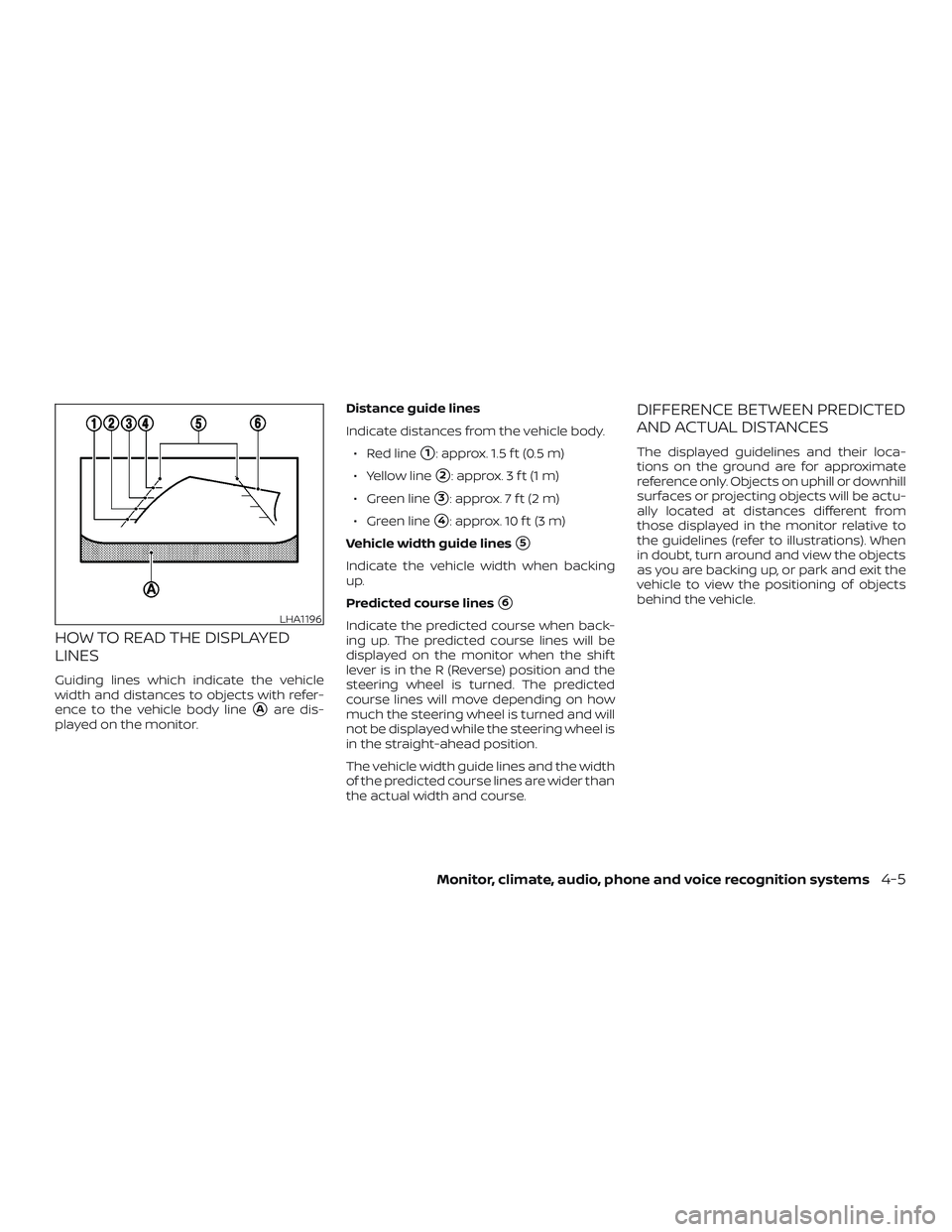 NISSAN MAXIMA 2018 Owner´s Manual HOW TO READ THE DISPLAYED
LINES
Guiding lines which indicate the vehicle
width and distances to objects with refer-
ence to the vehicle body line
Aare dis-
played on the monitor. Distance guide lines NISSAN MAXIMA 2018 Owner´s Manual HOW TO READ THE DISPLAYED
LINES
Guiding lines which indicate the vehicle
width and distances to objects with refer-
ence to the vehicle body line
Aare dis-
played on the monitor. Distance guide lines
