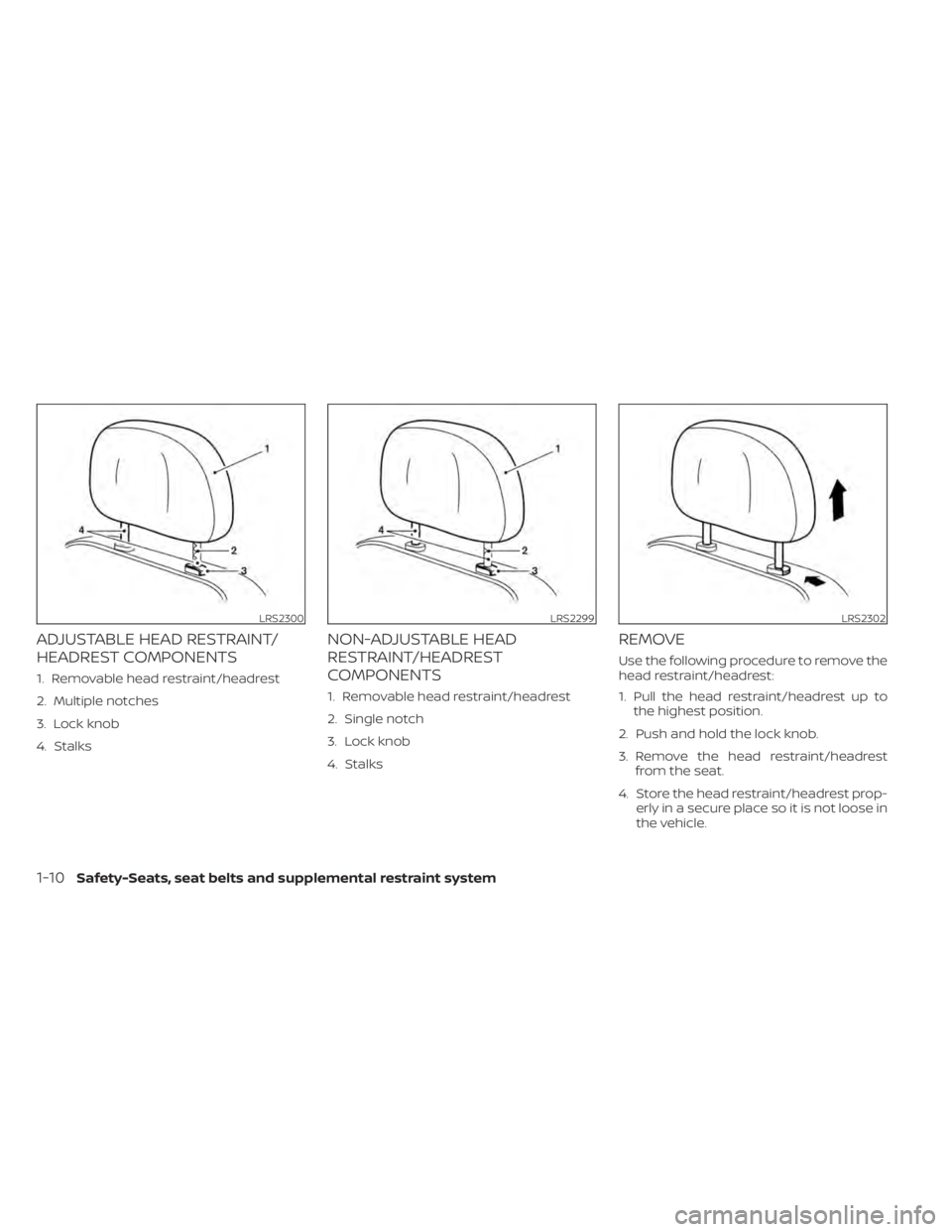 NISSAN MURANO 2021  Owner´s Manual ADJUSTABLE HEAD RESTRAINT/
HEADREST COMPONENTS
1. Removable head restraint/headrest
2. Multiple notches
3. Lock knob
4. Stalks
NON-ADJUSTABLE HEAD
RESTRAINT/HEADREST
COMPONENTS
1. Removable head restr