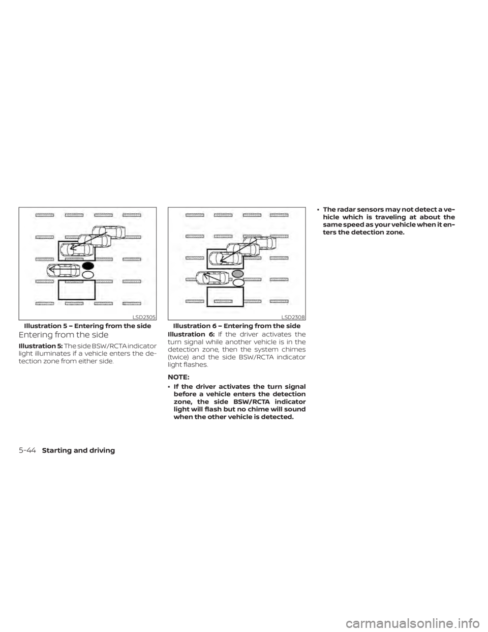 NISSAN MURANO 2021  Owner´s Manual Entering from the side
Illustration 5:The side BSW/RCTA indicator
light illuminates if a vehicle enters the de-
tection zone from either side. Illustration 6:
If the driver activates the
turn signal w