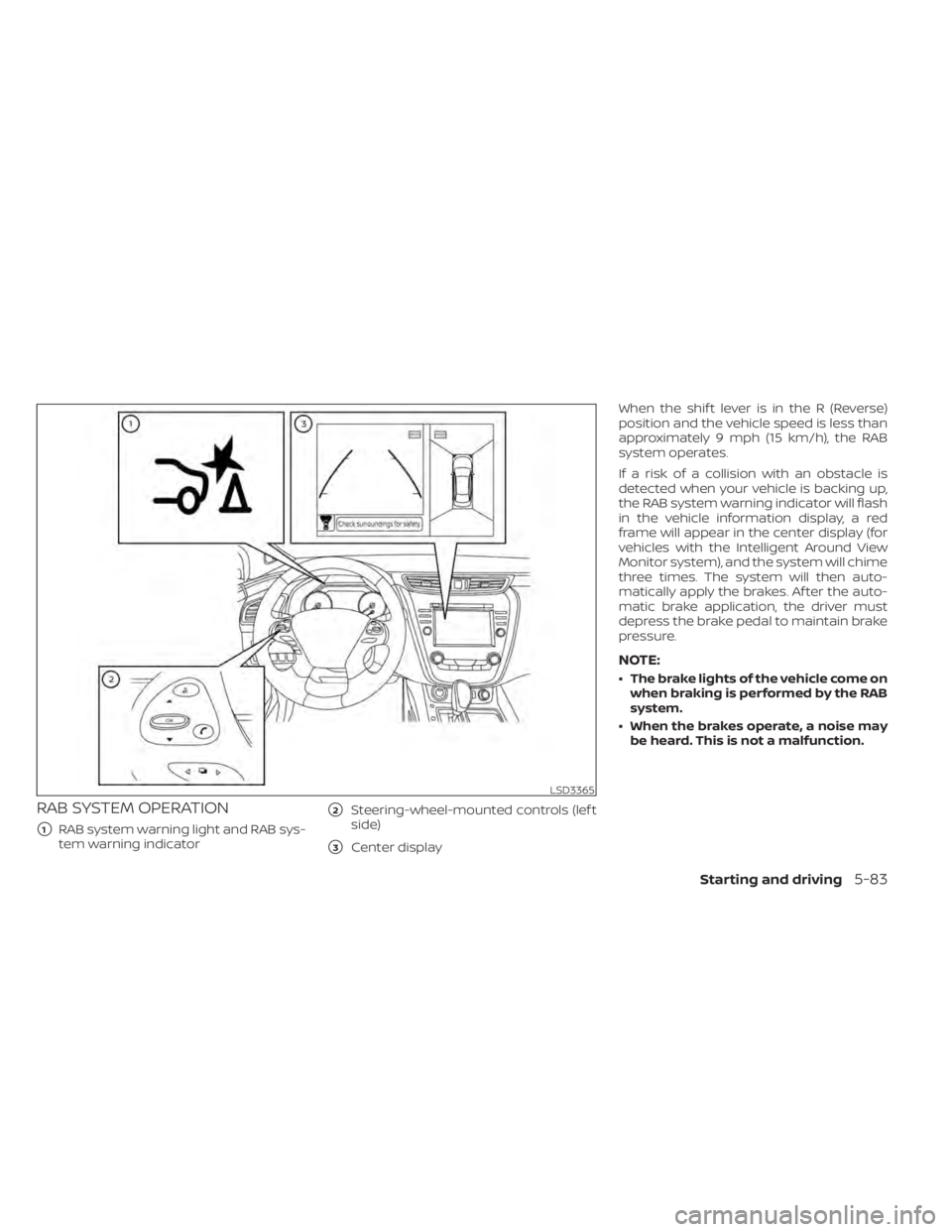 NISSAN MURANO 2021  Owner´s Manual RAB SYSTEM OPERATION
1RAB system warning light and RAB sys-
tem warning indicator
2Steering-wheel-mounted controls (lef t
side)
3Center display When the shif t lever is in the R (Reverse)
position 