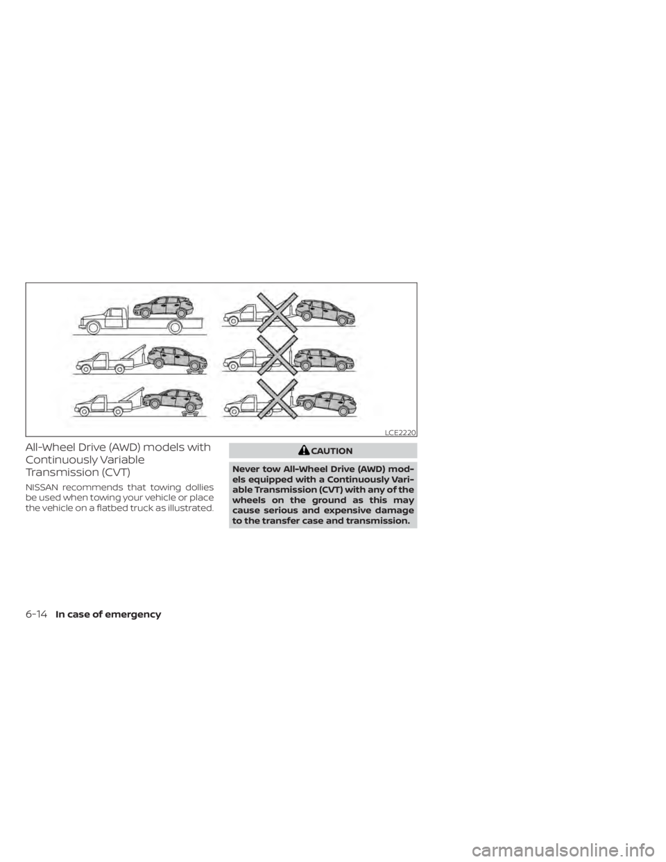 NISSAN MURANO 2021  Owner´s Manual All-Wheel Drive (AWD) models with
Continuously Variable
Transmission (CVT)
NISSAN recommends that towing dollies
be used when towing your vehicle or place
the vehicle on a flatbed truck as illustrated