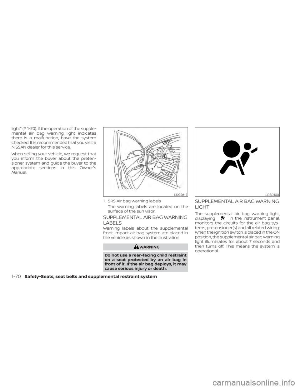NISSAN MURANO 2021 Owner´s Manual light" (P. 1-70). If the operation of the supple-
mental air bag warning light indicates
there is a malfunction, have the system
checked. It is recommended that you visit a
NISSAN dealer for this NISSAN MURANO 2021 Owner´s Manual light" (P. 1-70). If the operation of the supple-
mental air bag warning light indicates
there is a malfunction, have the system
checked. It is recommended that you visit a
NISSAN dealer for this