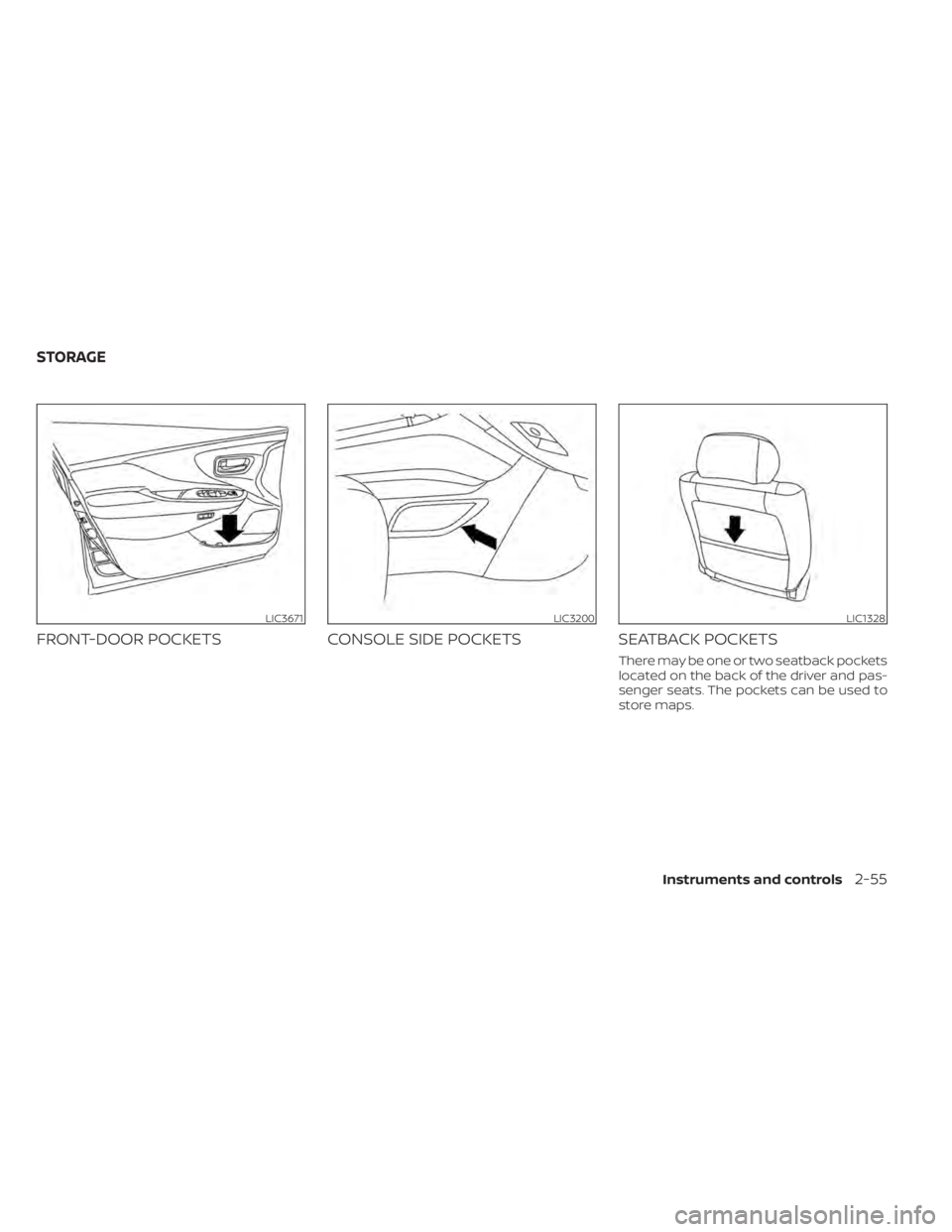 NISSAN MURANO 2020  Owner´s Manual FRONT-DOOR POCKETSCONSOLE SIDE POCKETSSEATBACK POCKETS
There may be one or two seatback pockets
located on the back of the driver and pas-
senger seats. The pockets can be used to
store maps.
LIC3671L