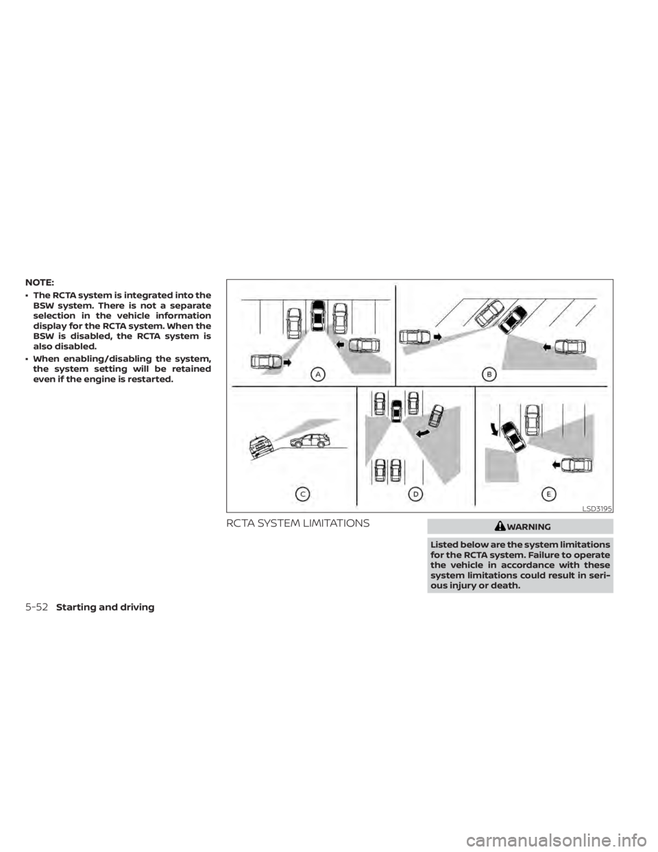NISSAN MURANO 2020  Owner´s Manual NOTE:
• The RCTA system is integrated into theBSW system. There is not a separate
selection in the vehicle information
display for the RCTA system. When the
BSW is disabled, the RCTA system is
also 