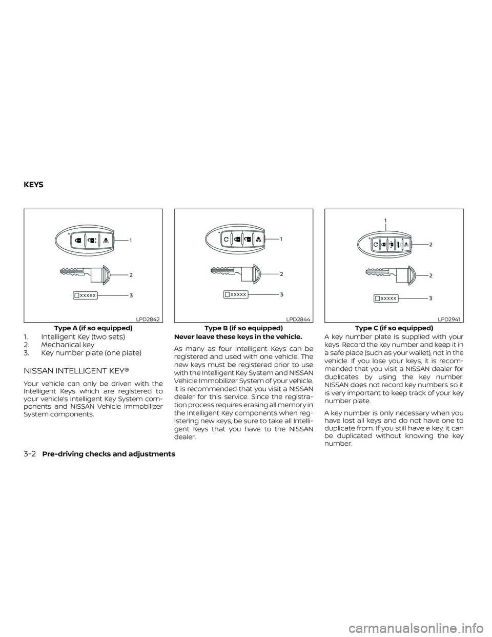 NISSAN MURANO 2019 Owner´s Manual 1. Intelligent Key (two sets)
2. Mechanical key
3. Key number plate (one plate)
NISSAN INTELLIGENT KEY®
Your vehicle can only be driven with the
Intelligent Keys which are registered to
your vehicle NISSAN MURANO 2019 Owner´s Manual 1. Intelligent Key (two sets)
2. Mechanical key
3. Key number plate (one plate)
NISSAN INTELLIGENT KEY®
Your vehicle can only be driven with the
Intelligent Keys which are registered to
your vehicle