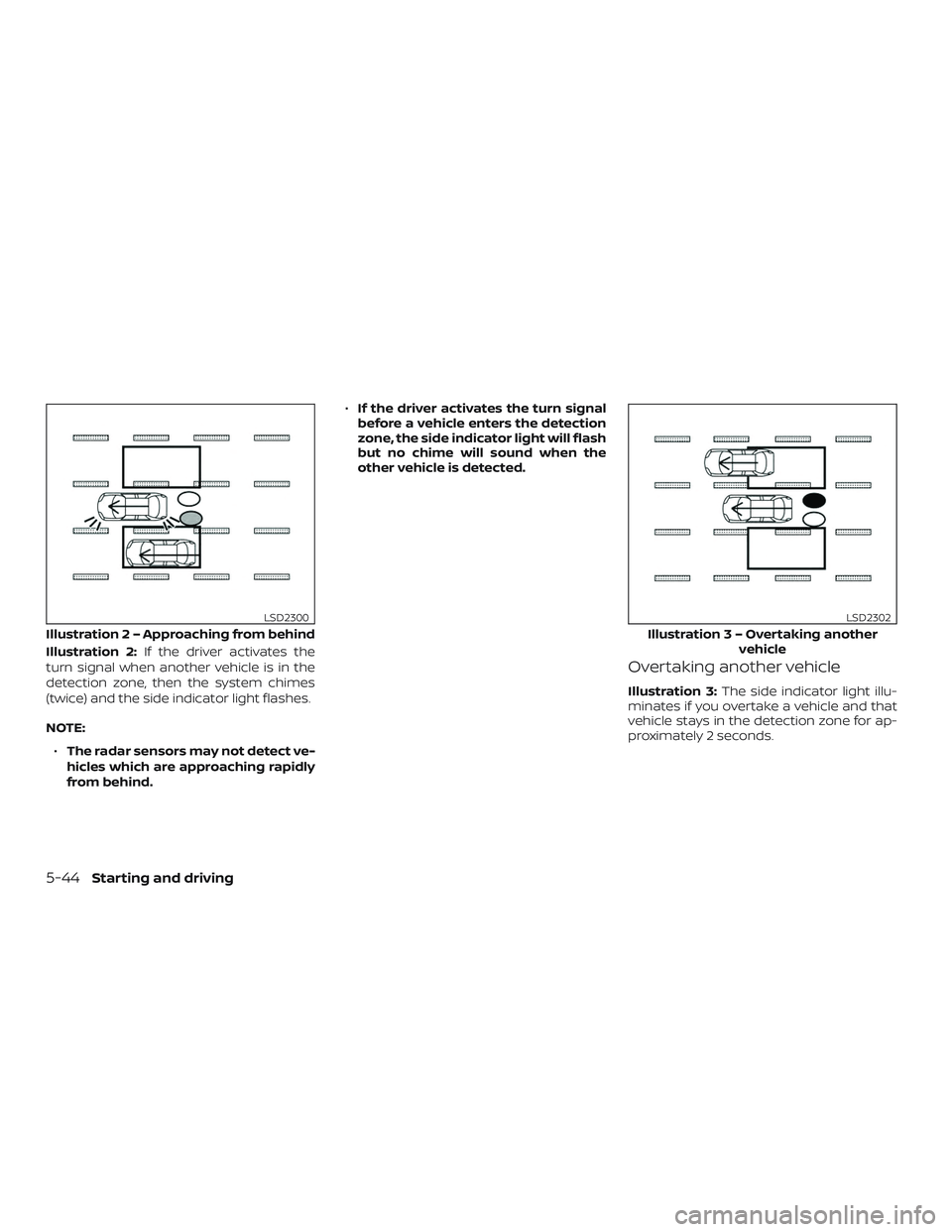 NISSAN MURANO 2019  Owner´s Manual Illustration 2:If the driver activates the
turn signal when another vehicle is in the
detection zone, then the system chimes
(twice) and the side indicator light flashes.
NOTE:
∙ The radar sensors m