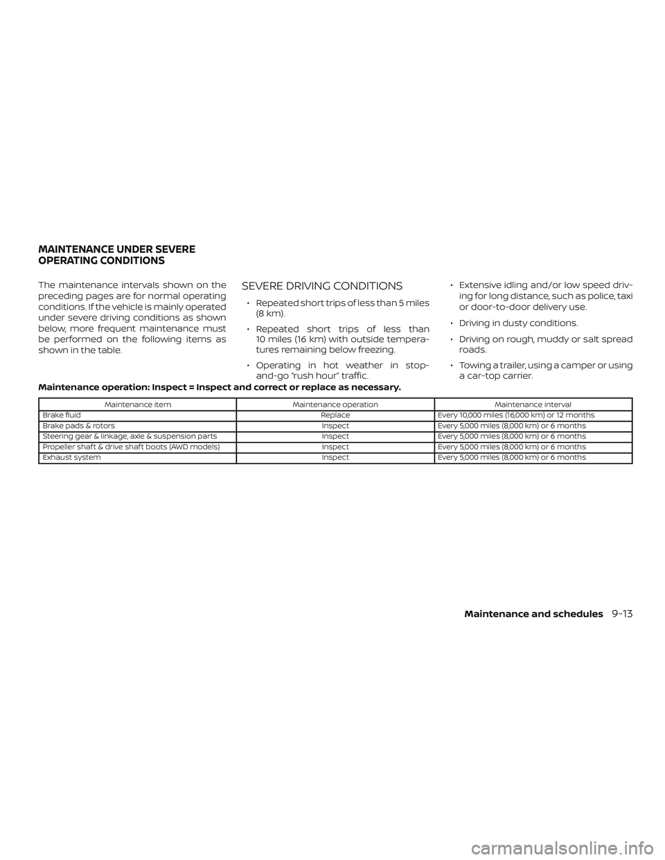 NISSAN MURANO 2019 Owner´s Manual The maintenance intervals shown on the
preceding pages are for normal operating
conditions. If the vehicle is mainly operated
under severe driving conditions as shown
below, more frequent maintenance NISSAN MURANO 2019 Owner´s Manual The maintenance intervals shown on the
preceding pages are for normal operating
conditions. If the vehicle is mainly operated
under severe driving conditions as shown
below, more frequent maintenance