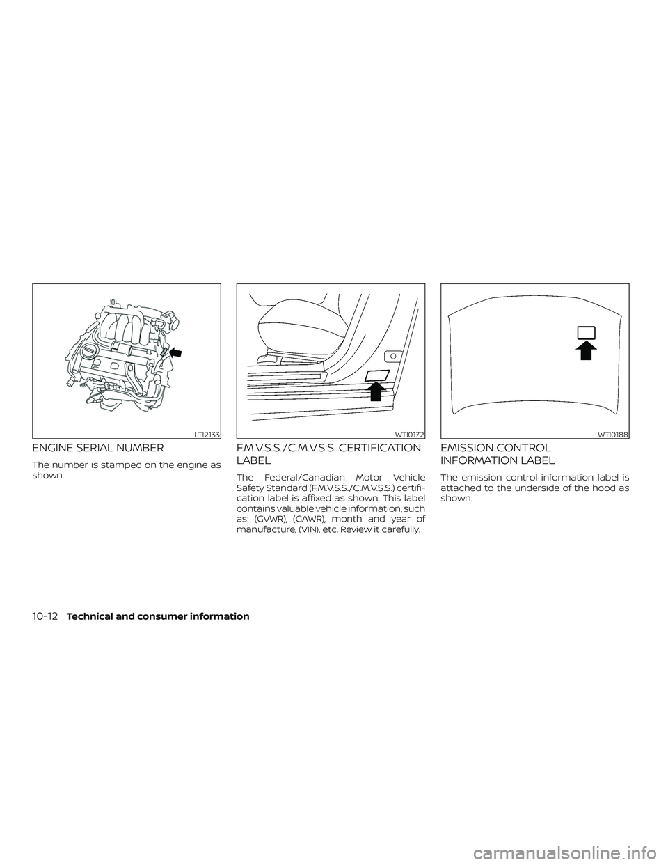 NISSAN MURANO 2019  Owner´s Manual ENGINE SERIAL NUMBER
The number is stamped on the engine as
shown.
F.M.V.S.S./C.M.V.S.S. CERTIFICATION
LABEL
The Federal/Canadian Motor Vehicle
Safety Standard (F.M.V.S.S./C.M.V.S.S.) certifi-
cation 