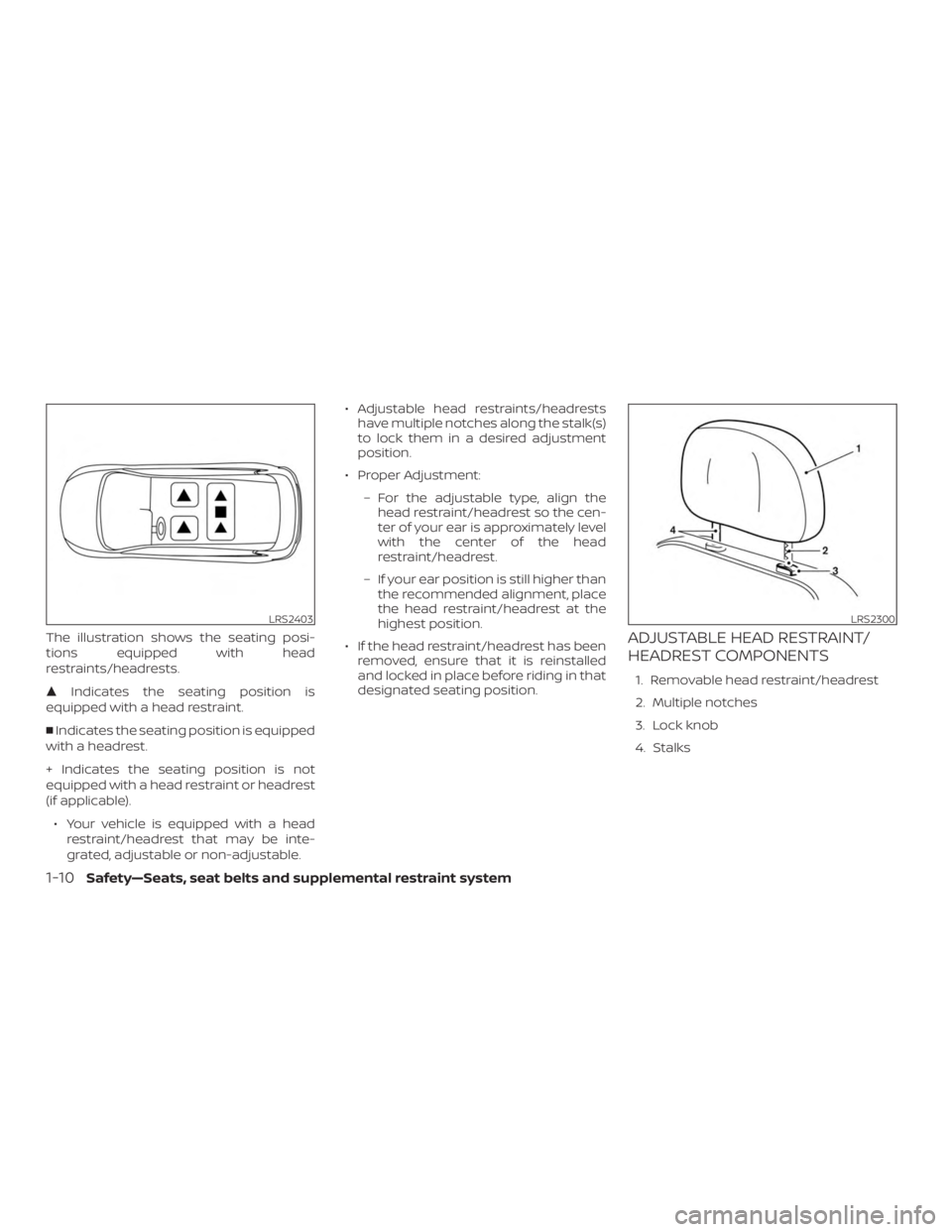 NISSAN MURANO 2018 Owner´s Manual The illustration shows the seating posi-
tions equipped with head
restraints/headrests.
Indicates the seating position is
equipped with a head restraint.
Indicates the seating position is equipped
NISSAN MURANO 2018 Owner´s Manual The illustration shows the seating posi-
tions equipped with head
restraints/headrests.
Indicates the seating position is
equipped with a head restraint.
Indicates the seating position is equipped