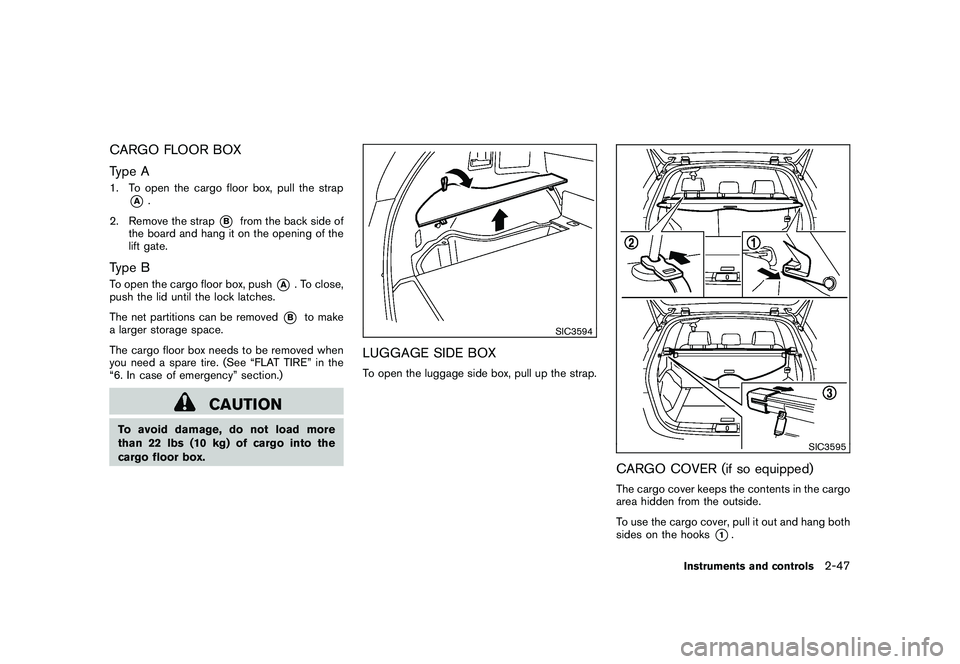 NISSAN MURANO 2011  Owner´s Manual Black plate (119,1)
Model "Z51-D" EDITED: 2010/ 9/ 28
CARGO FLOOR BOX
Type A1. To open the cargo floor box, pull the strap
*A
.
2. Remove the strap
*B
from the back side of
the board and hang it on th