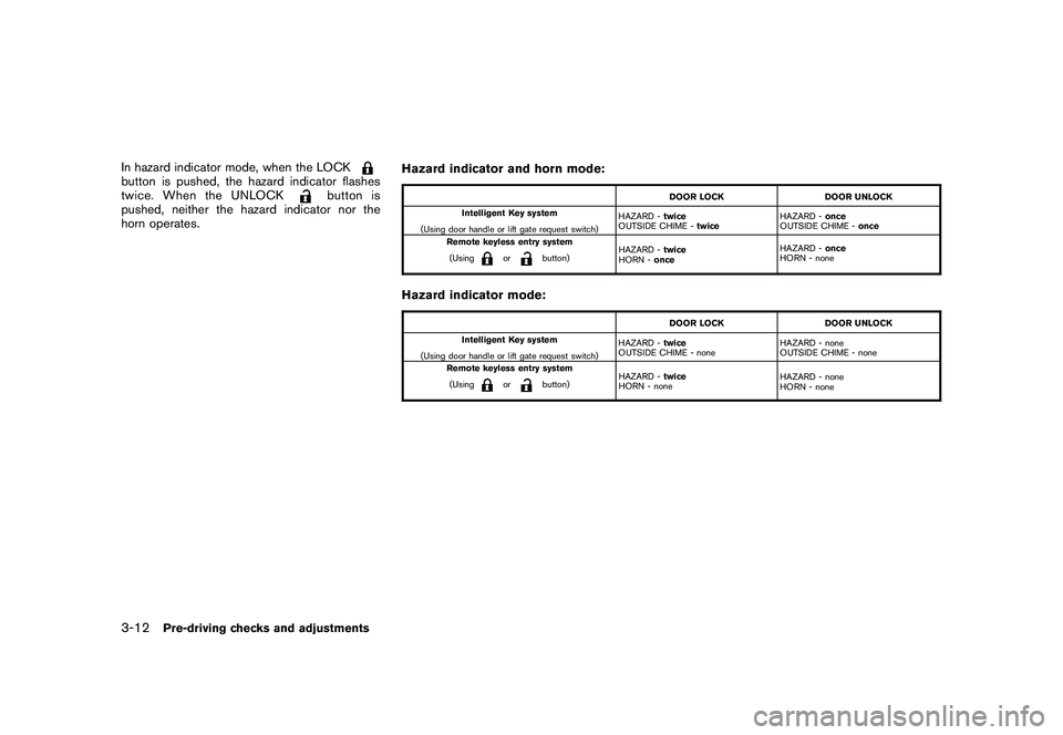 NISSAN MURANO 2011  Owner´s Manual Black plate (146,1)
Model "Z51-D" EDITED: 2010/ 7/ 23
In hazard indicator mode, when the LOCKbutton is pushed, the hazard indicator flashes
twice. When the UNLOCK
button is
pushed, neither the hazard 