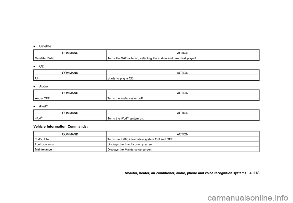 NISSAN MURANO 2010  Owner´s Manual Black plate (281,1)
Model "Z51-D" EDITED: 2009/ 8/ 3
.Satellite
COMMAND ACTION
Satellite Radio Turns the SAT radio on, selecting the station and band last played.
.CD
COMMAND ACTION
CD Starts to play 