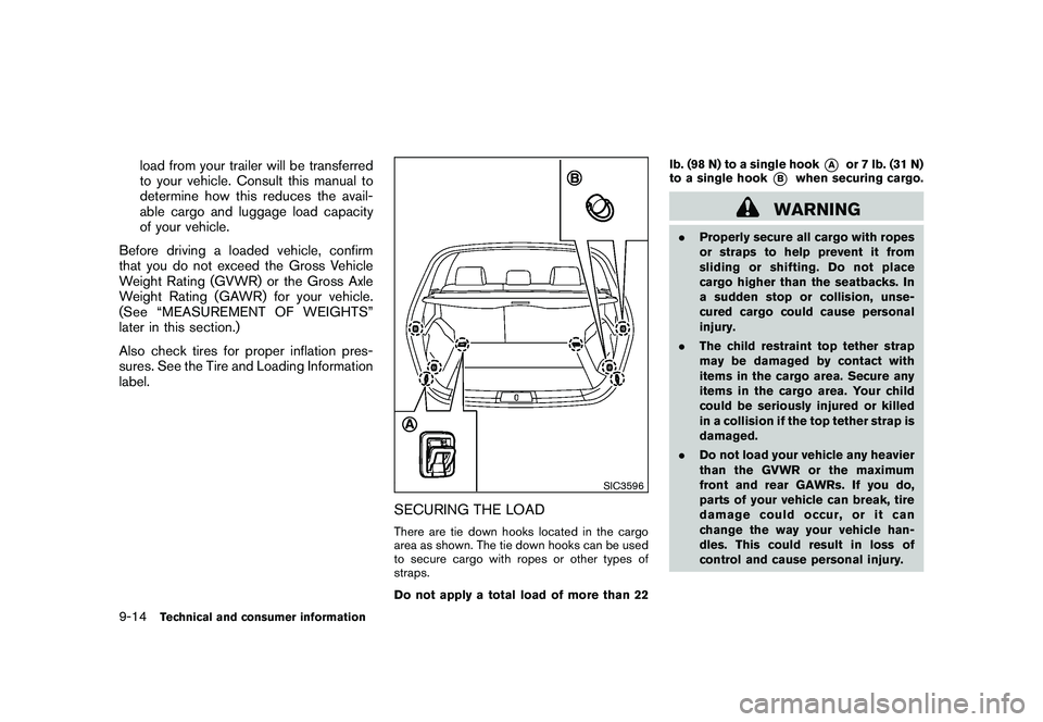 NISSAN MURANO 2010  Owner´s Manual Black plate (402,1)
Model "Z51-D" EDITED: 2009/ 8/ 3
load from your trailer will be transferred
to your vehicle. Consult this manual to
determine how this reduces the avail-
able cargo and luggage loa