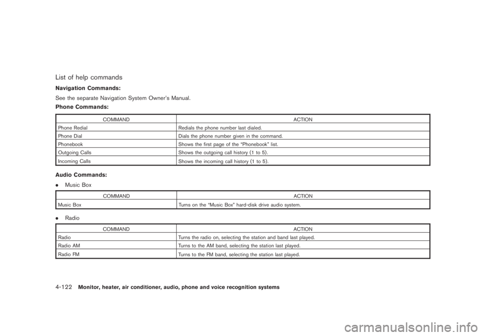 NISSAN MURANO 2009  Owner´s Manual Black plate (284,1)
Model "Z51-D" EDITED: 2007/ 10/ 2
List of help commands
Navigation Commands:
See the separate Navigation System Owner’s Manual.
Phone Commands:
COMMAND ACTION
Phone Redia