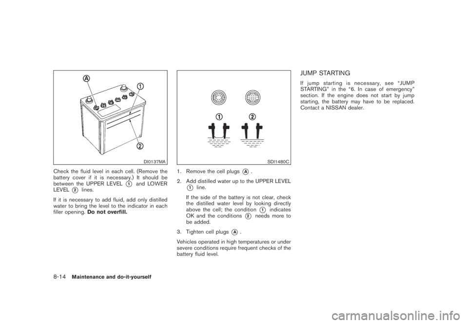 NISSAN MURANO 2009  Owner´s Manual Black plate (380,1)
Model "Z51-D" EDITED: 2007/ 10/ 2
DI0137MA
Check the fluid level in each cell. (Remove the
battery cover if it is necessary.) It should be
between the UPPER LEVEL
*1and LOW