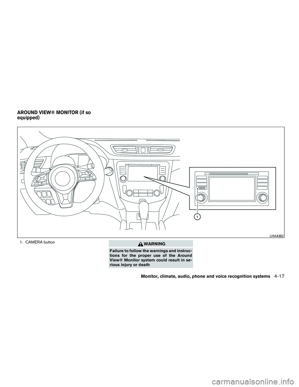 NISSAN ROGUE 2017  Owner´s Manual 1. CAMERA buttonWARNING
Failure to follow the warnings and instruc-
tions for the proper use of the Around
View® Monitor system could result in se-
rious injury or death
LHA4362
AROUND VIEW® MONITOR