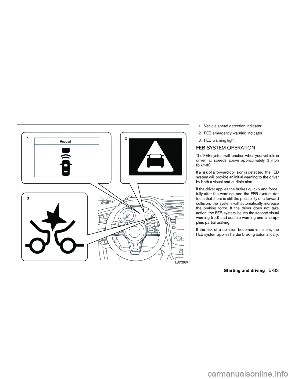 NISSAN ROGUE 2017  Owner´s Manual 1. Vehicle ahead detection indicator
2. FEB emergency warning indicator
3. FEB warning light
FEB SYSTEM OPERATION
The FEB system will function when your vehicle is
driven at speeds above approximately
