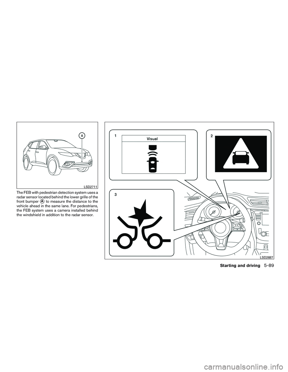 NISSAN ROGUE 2017  Owner´s Manual The FEB with pedestrian detection system uses a
radar sensor located behind the lower grille of the
front bumper
Ato measure the distance to the
vehicle ahead in the same lane. For pedestrians,
the F
