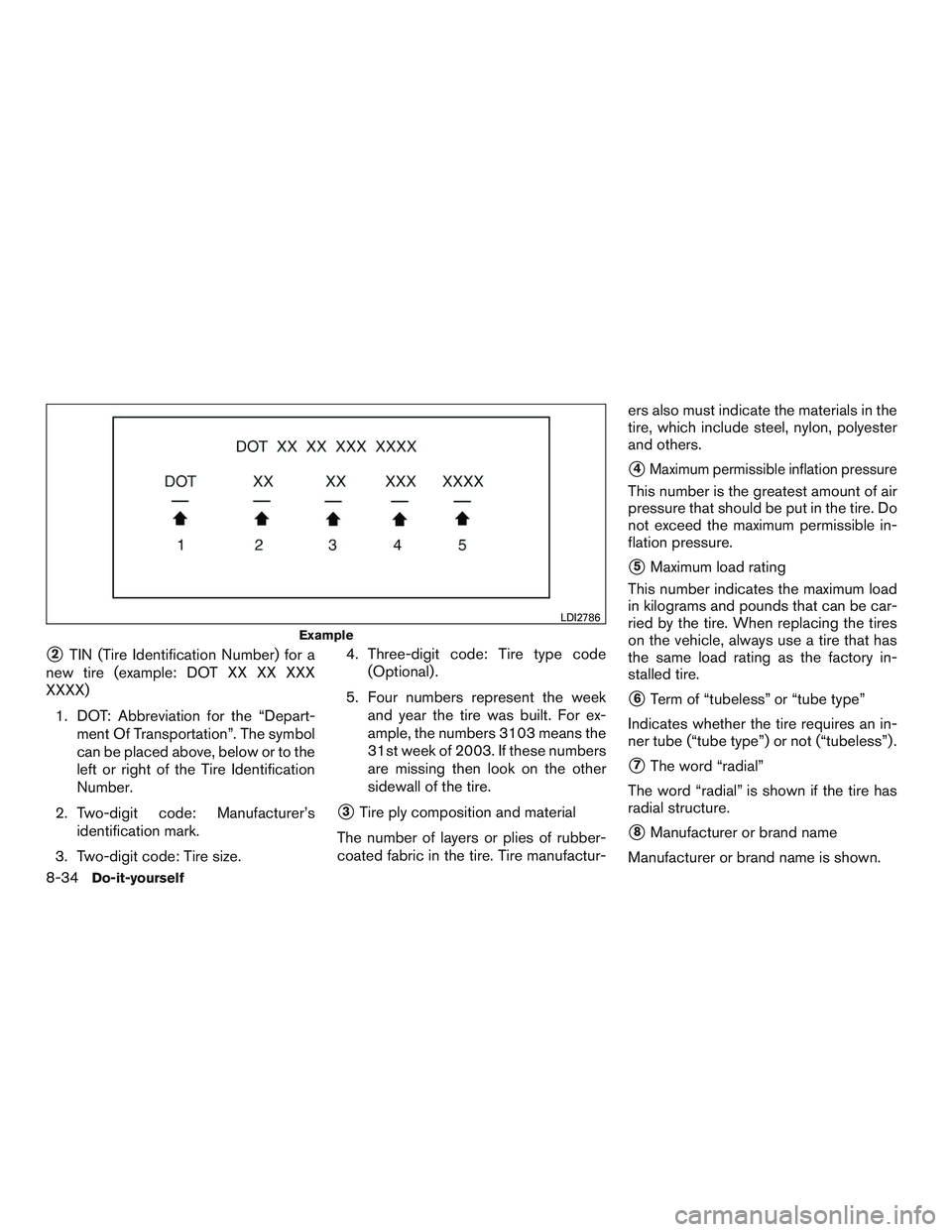 NISSAN ROGUE 2017 Owner´s Manual 2TIN (Tire Identification Number) for a
new tire (example: DOT XX XX XXX
XXXX)
1. DOT: Abbreviation for the “Depart- ment Of Transportation”. The symbol
can be placed above, below or to the
left NISSAN ROGUE 2017 Owner´s Manual 2TIN (Tire Identification Number) for a
new tire (example: DOT XX XX XXX
XXXX)
1. DOT: Abbreviation for the “Depart- ment Of Transportation”. The symbol
can be placed above, below or to the
left
