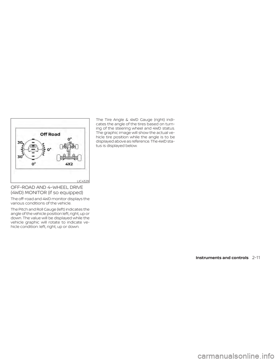 NISSAN TITAN 2021  Owner´s Manual OFF-ROAD AND 4–WHEEL DRIVE
(4WD) MONITOR (if so equipped)
The off-road and 4WD monitor displays the
various conditions of the vehicle.
The Pitch and Roll Gauge (lef t) indicates the
angle of the veh