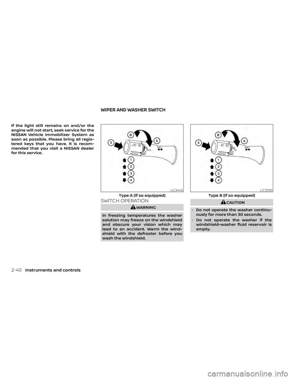 NISSAN TITAN 2021  Owner´s Manual If the light still remains on and/or the
engine will not start, seek service for the
NISSAN Vehicle Immobilizer System as
soon as possible. Please bring all regis-
tered keys that you have. It is reco