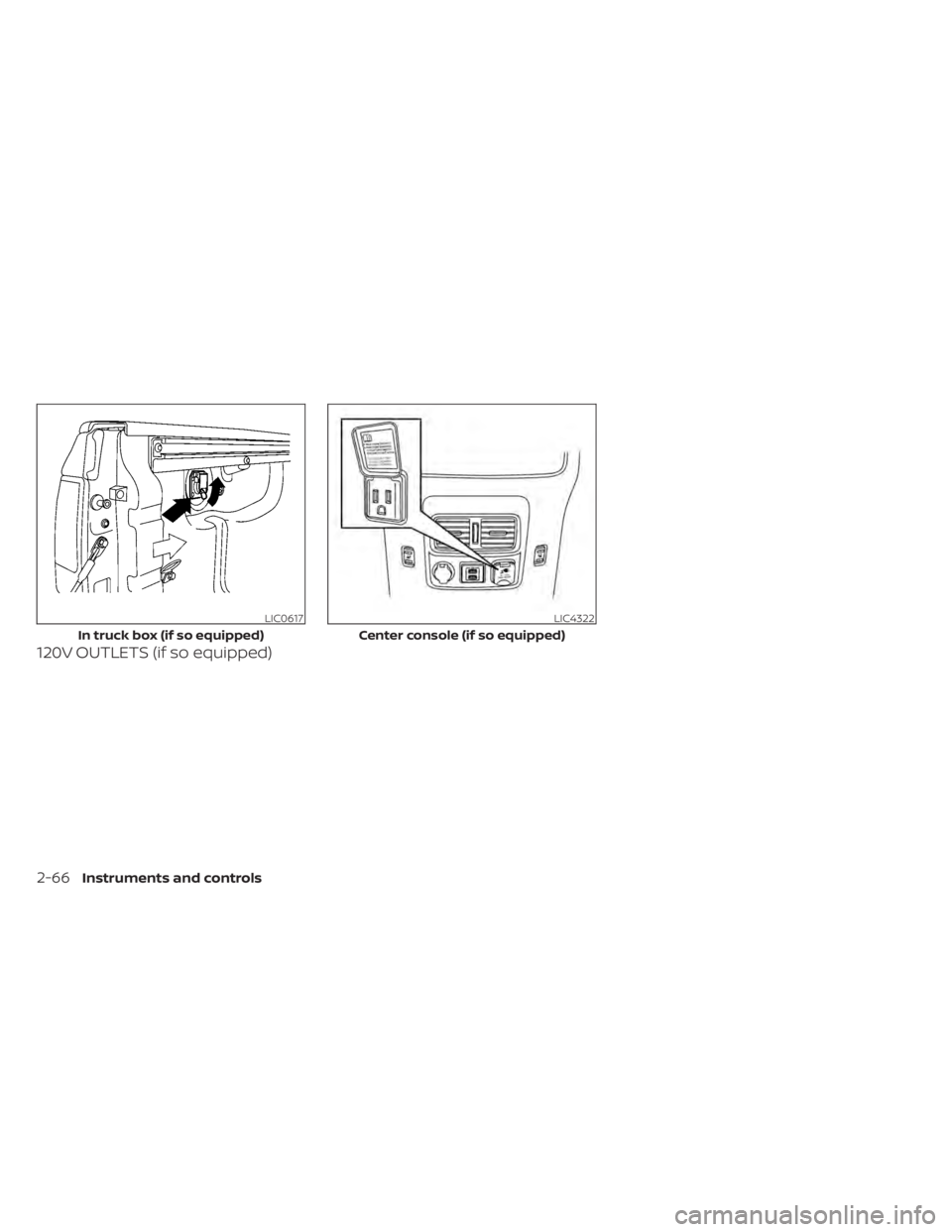 NISSAN TITAN 2021  Owner´s Manual 120V OUTLETS (if so equipped)
LIC0617
In truck box (if so equipped)
LIC4322
Center console (if so equipped)
2-66Instruments and controls 