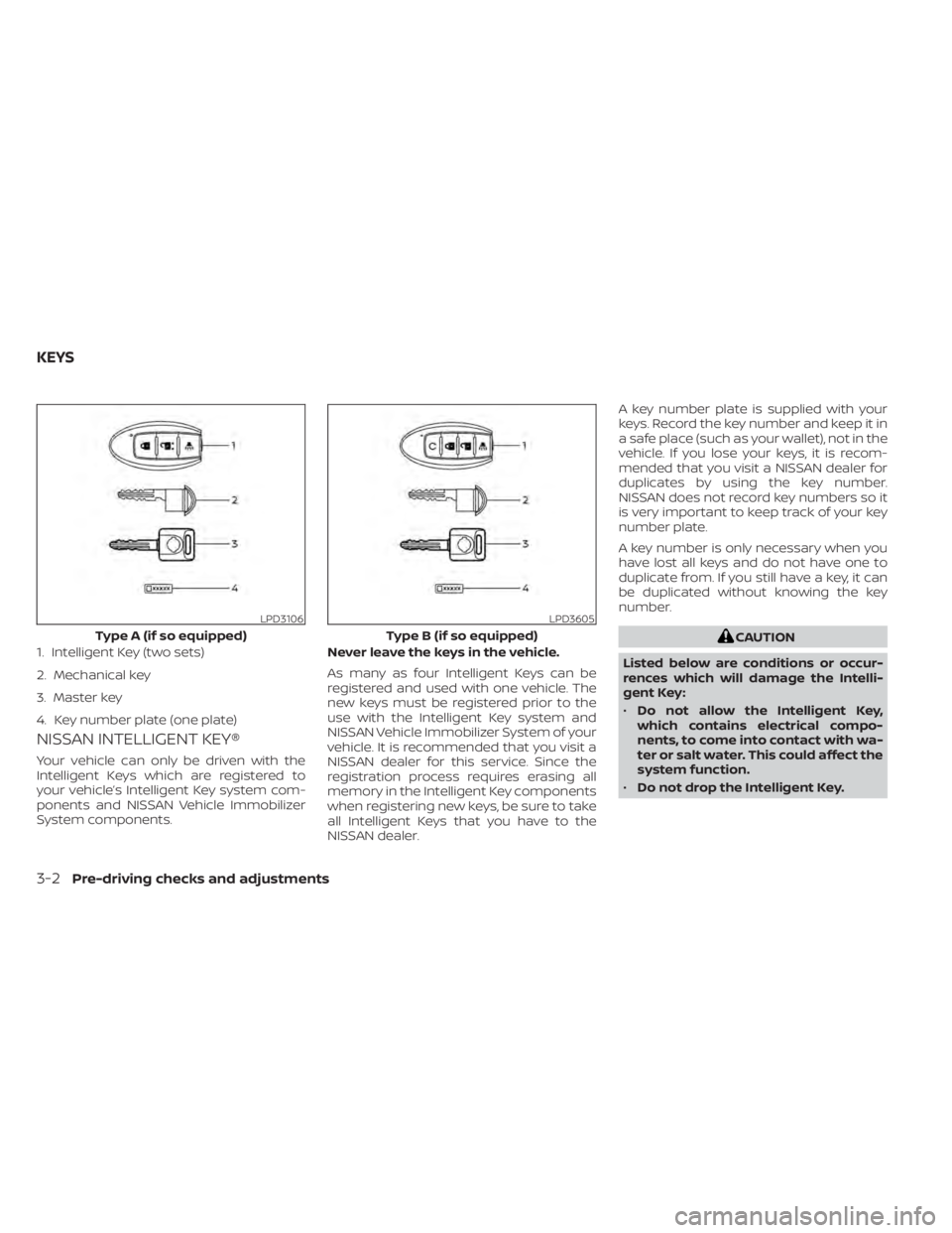 NISSAN TITAN 2021  Owner´s Manual NISSAN INTELLIGENT KEY®
Your vehicle can only be driven with the
Intelligent Keys which are registered to
your vehicle’s Intelligent Key system com-
ponents and NISSAN Vehicle Immobilizer
System co