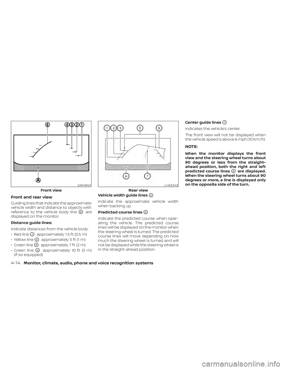 NISSAN TITAN 2021  Owner´s Manual Front and rear view
Guiding lines that indicate the approximate
vehicle width and distance to objects with
reference to the vehicle body line
OAare
displayed on the monitor.
Distance guide lines:
Indi